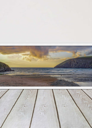 Mawgan Porth at sunset. Panoramic framed picture print. A choice of frames.
