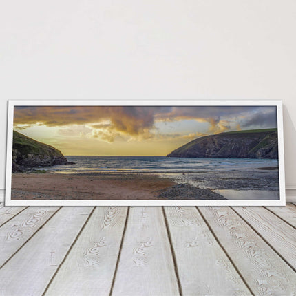Mawgan Porth at sunset. Panoramic framed picture print. A choice of frames.