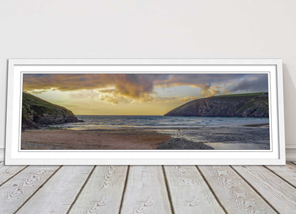 Mawgan Porth at sunset. Panoramic framed picture print. A choice of frames.
