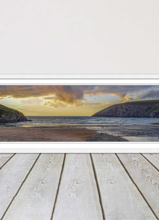 Mawgan Porth at sunset. Panoramic framed picture print. A choice of frames.