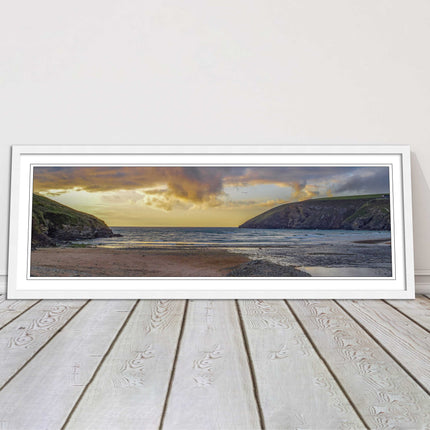Mawgan Porth at sunset. Panoramic framed picture print. A choice of frames.