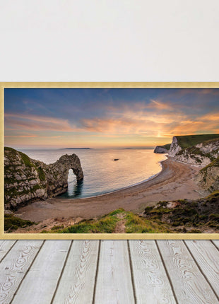 Durdle door at sunset, Dorset. Framed picture with a choice of frame colours.