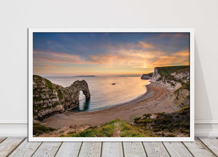 Durdle door at sunset, Dorset. Framed picture with a choice of frame colours.