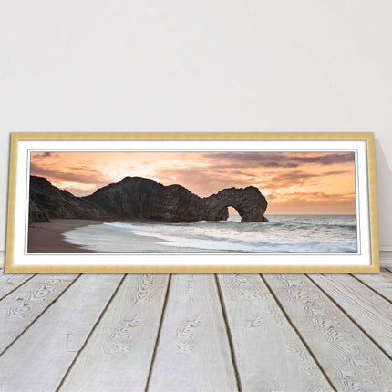 Durdle door on Jurassic coast dorset at sunset. Panoramic framed picture print