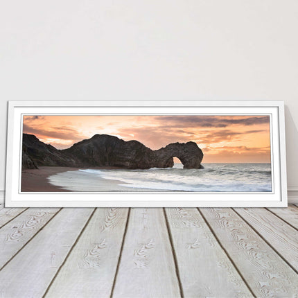 Durdle door on Jurassic coast dorset at sunset. Panoramic framed picture print