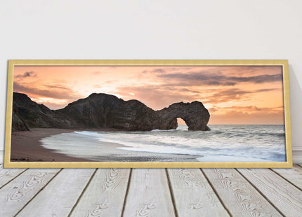 Durdle door on Jurassic coast dorset at sunset. Panoramic framed picture print