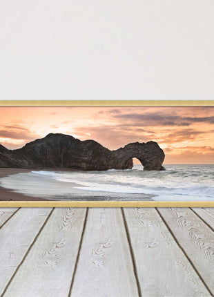 Durdle door on Jurassic coast dorset at sunset. Panoramic framed picture print