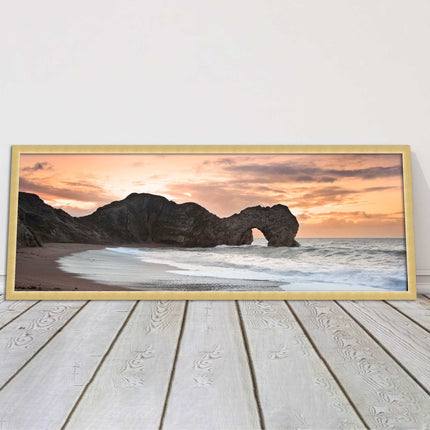 Durdle door on Jurassic coast dorset at sunset. Panoramic framed picture print