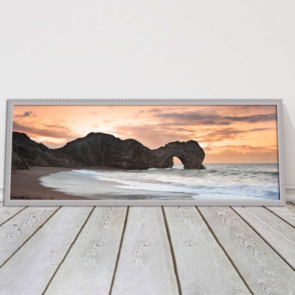 Durdle door on Jurassic coast dorset at sunset. Panoramic framed picture print