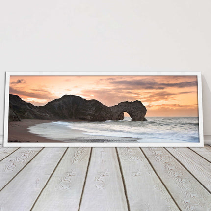 Durdle door on Jurassic coast dorset at sunset. Panoramic framed picture print