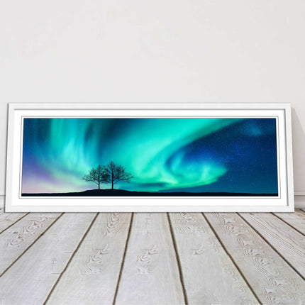 Aurora Borealis, with silhouette of trees. Panoramic framed picture print choice
