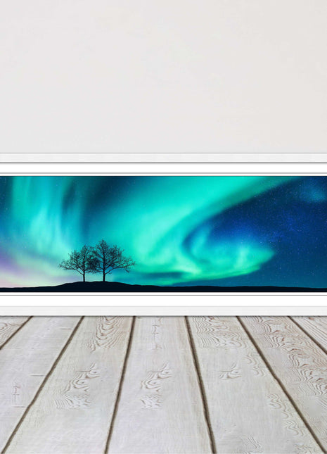 Aurora Borealis, with silhouette of trees. Panoramic framed picture print choice