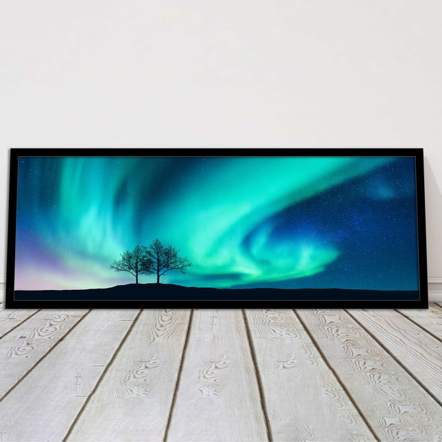 Aurora Borealis, with silhouette of trees. Panoramic framed picture print choice