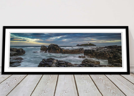 Godrevy Lighthouse under a stormy sky. Cornwall. Framed picture print choice