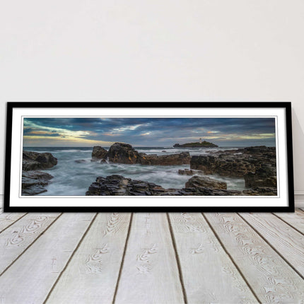 Godrevy Lighthouse under a stormy sky. Cornwall. Framed picture print choice