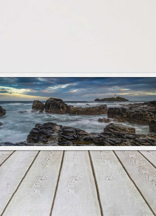 Godrevy Lighthouse under a stormy sky. Cornwall. Framed picture print choice