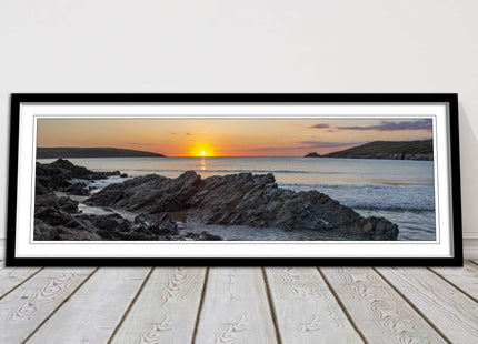 Crantock Beach at sunset. Panoramic framed picture print, Cornwall beach scene