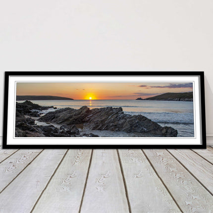 Crantock Beach at sunset. Panoramic framed picture print, Cornwall beach scene