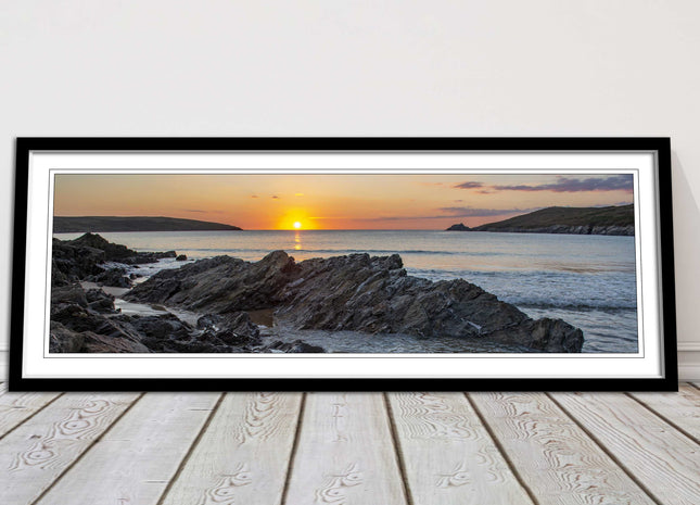 Crantock Beach at sunset. Panoramic framed picture print, Cornwall beach scene