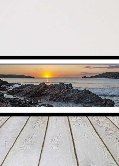Crantock Beach at sunset. Panoramic framed picture print, Cornwall beach scene