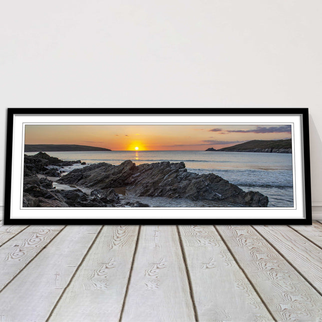 Crantock Beach at sunset. Panoramic framed picture print, Cornwall beach scene