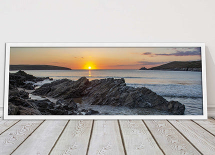Crantock Beach at sunset. Panoramic framed picture print, Cornwall beach scene