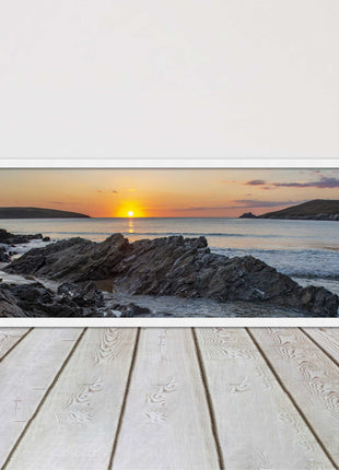 Crantock Beach at sunset. Panoramic framed picture print, Cornwall beach scene