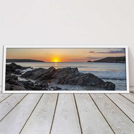 Crantock Beach at sunset. Panoramic framed picture print, Cornwall beach scene
