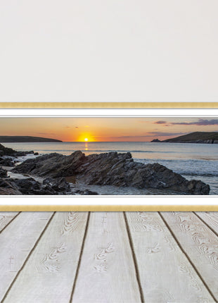 Crantock Beach at sunset. Panoramic framed picture print, Cornwall beach scene