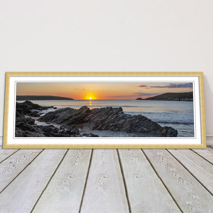Crantock Beach at sunset. Panoramic framed picture print, Cornwall beach scene