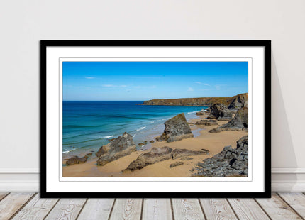 Bedruthan Steps, coastline in north Cornwall. framed picture print sunny vibrant
