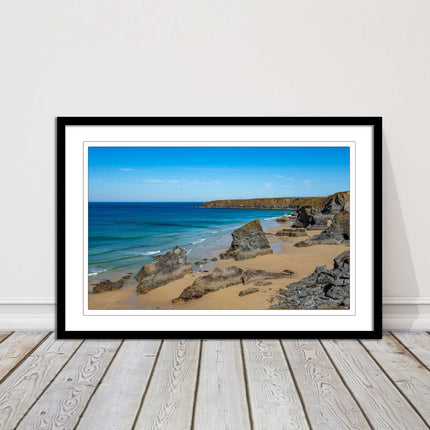 Bedruthan Steps, coastline in north Cornwall. framed picture print sunny vibrant