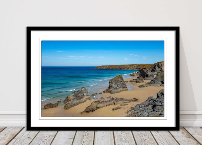 Bedruthan Steps, coastline in north Cornwall. framed picture print sunny vibrant