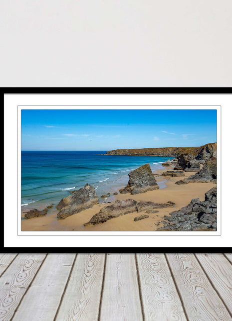 Bedruthan Steps, coastline in north Cornwall. framed picture print sunny vibrant