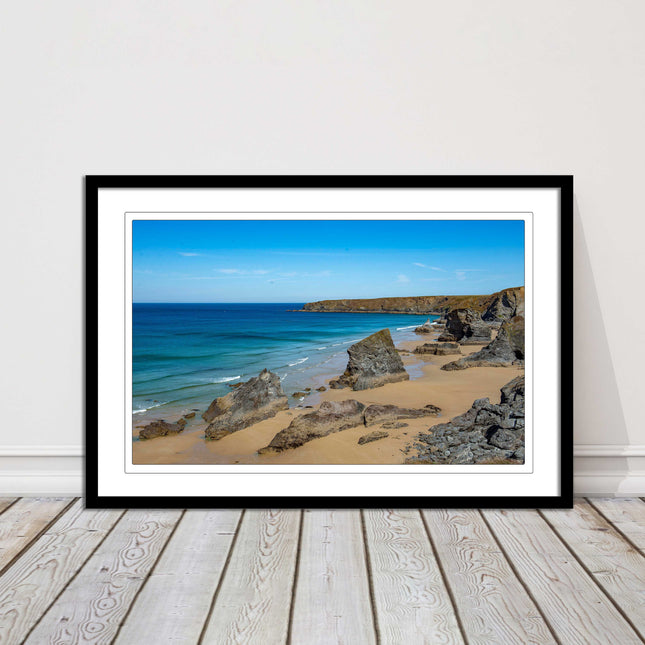 Bedruthan Steps, coastline in north Cornwall. framed picture print sunny vibrant