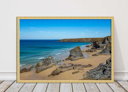 Bedruthan Steps, coastline in north Cornwall. framed picture print sunny vibrant