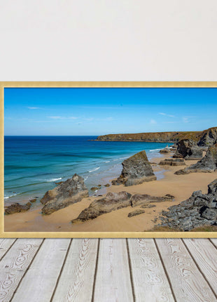 Bedruthan Steps, coastline in north Cornwall. framed picture print sunny vibrant