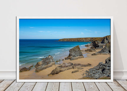 Bedruthan Steps, coastline in north Cornwall. framed picture print sunny vibrant