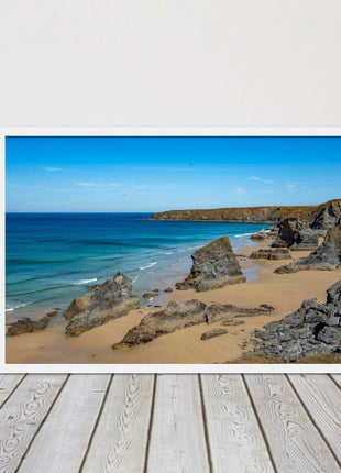 Bedruthan Steps, coastline in north Cornwall. framed picture print sunny vibrant