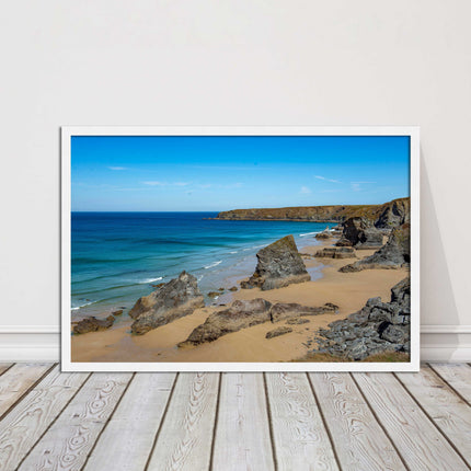 Bedruthan Steps, coastline in north Cornwall. framed picture print sunny vibrant