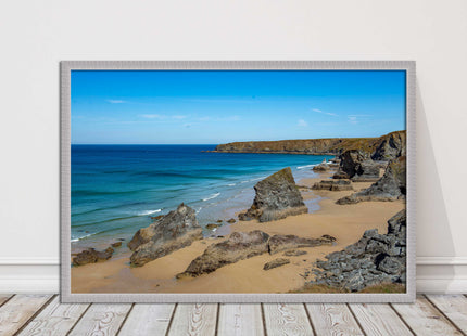Bedruthan Steps, coastline in north Cornwall. framed picture print sunny vibrant