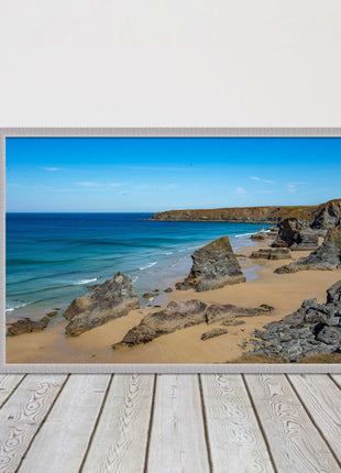 Bedruthan Steps, coastline in north Cornwall. framed picture print sunny vibrant