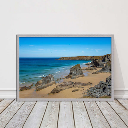 Bedruthan Steps, coastline in north Cornwall. framed picture print sunny vibrant