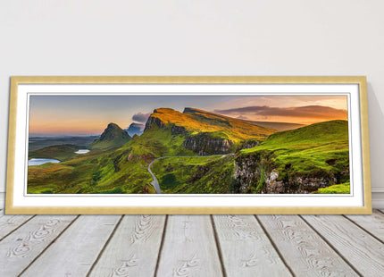 Sunset on Quiraing mountains, Isle of Skye Scottish Highlands panoramic framed