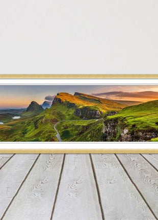 Sunset on Quiraing mountains, Isle of Skye Scottish Highlands panoramic framed