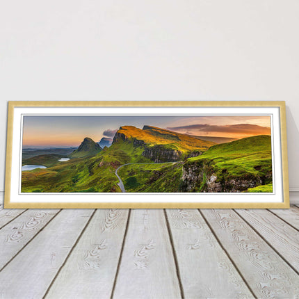 Sunset on Quiraing mountains, Isle of Skye Scottish Highlands panoramic framed
