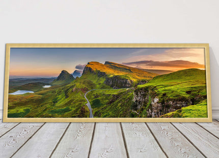 Sunset on Quiraing mountains, Isle of Skye Scottish Highlands panoramic framed