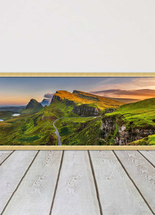 Sunset on Quiraing mountains, Isle of Skye Scottish Highlands panoramic framed