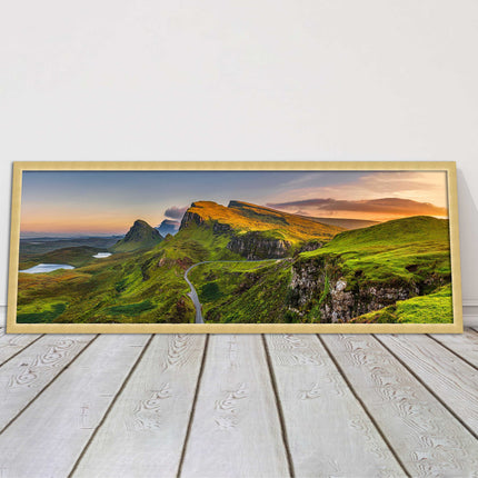 Sunset on Quiraing mountains, Isle of Skye Scottish Highlands panoramic framed
