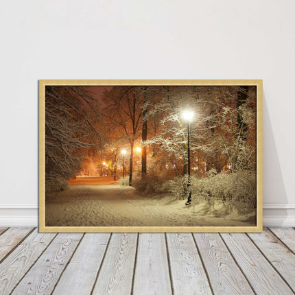 Winter scene at night. Framed picture with choice of frame colours.